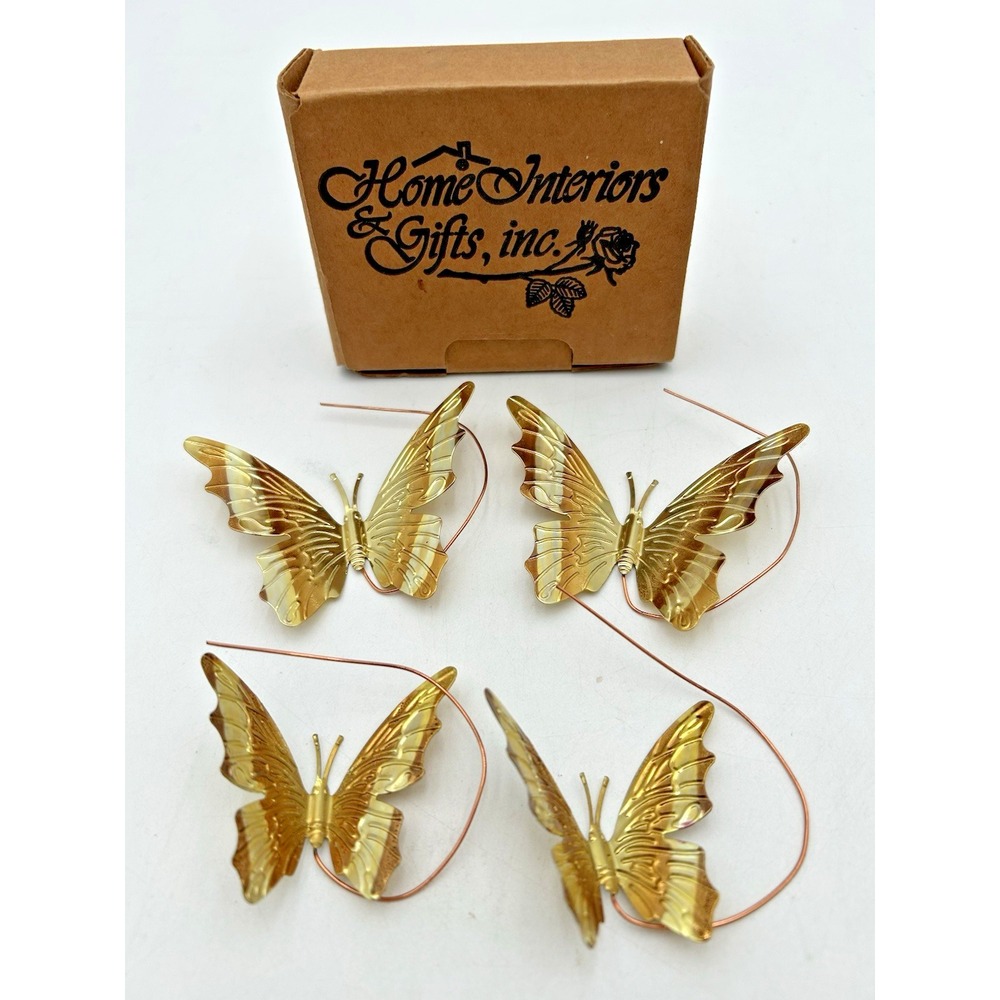 Vintage Home Interior Butterflies Set of 4 Metal Brass Look 2x2" & 3x2 1/2" NIB